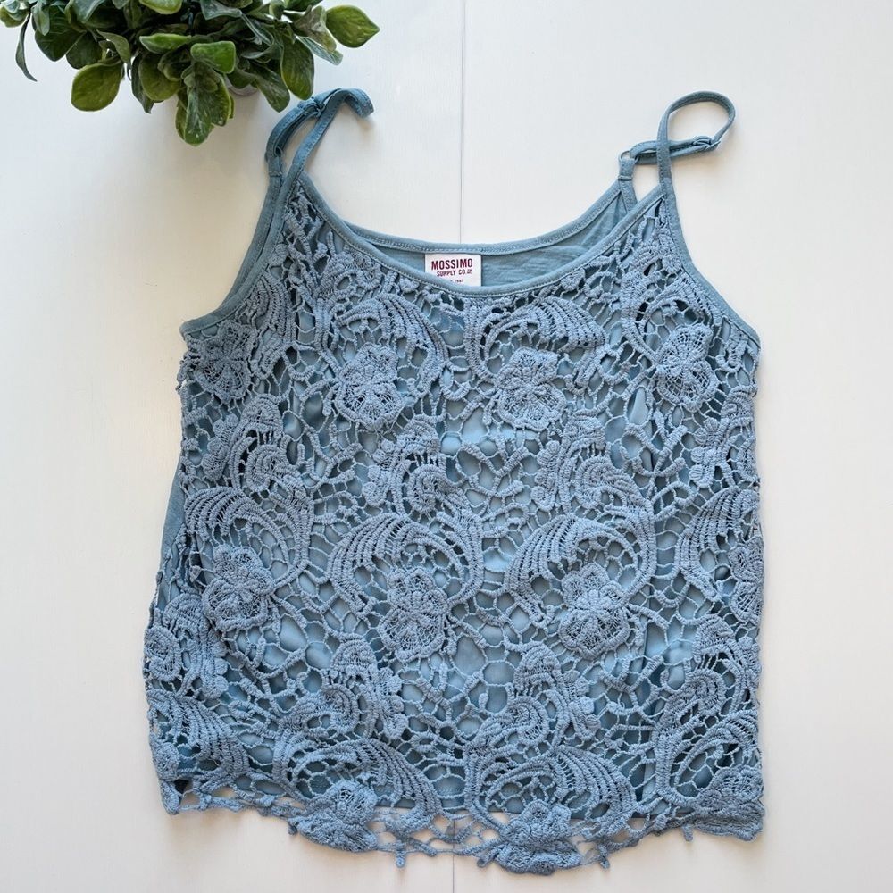 Mossimo Supply Co. Light Blue Paisley Crochet Lace Cropped Tank Top Size Small